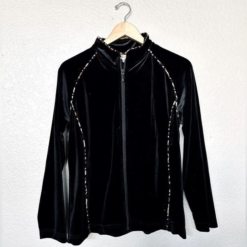 Coldwater Creek Black Cheetah Trim Velour Velvet Zip Jacket Top S